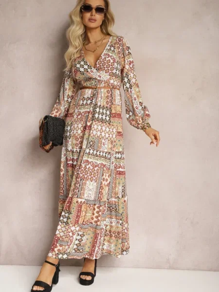 Rochie bej-roz cu decolteu în V în model patchwork Matij bej