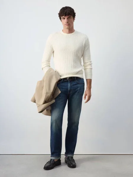 Sweter z dzianiny z mieszanki bawełny i lyocellu z warkoczowym splotem złamana biel Mężczyzna XXL MANGO MAN