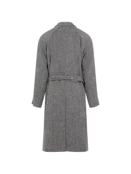 Cu centură palton Paul Smith din tweed cu model herringbone maro