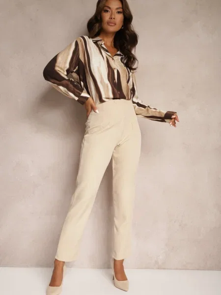 Jasnobeżowe Spodnie Cygaretki High Waist Molfi beżowe
