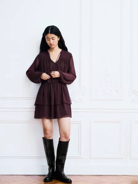 Sukienka z fakturą i koralikami purpurowy Teen L MANGO TEEN