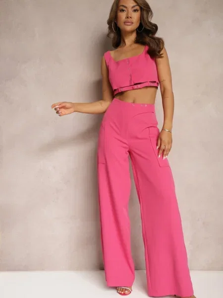 Fuksjowe Spodnie z Szerokimi Nogawkami High Waist Nestajoan różowe