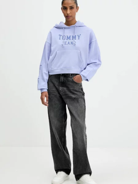Bombažen pulover Tommy Jeans s kapuco modra