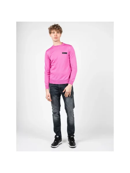 Sweter Plein Sport z wełny merino w paski z paskiem różowy