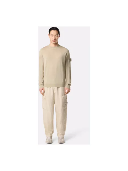 Sweter Stone Island wełniany z okrągłym dekoltem z kamieniami beżowy