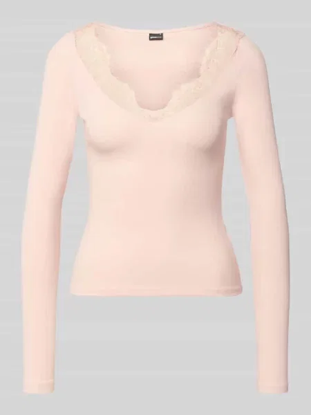 Longsleeve z dekoltem w serek i koronką Gina Tricot różowa