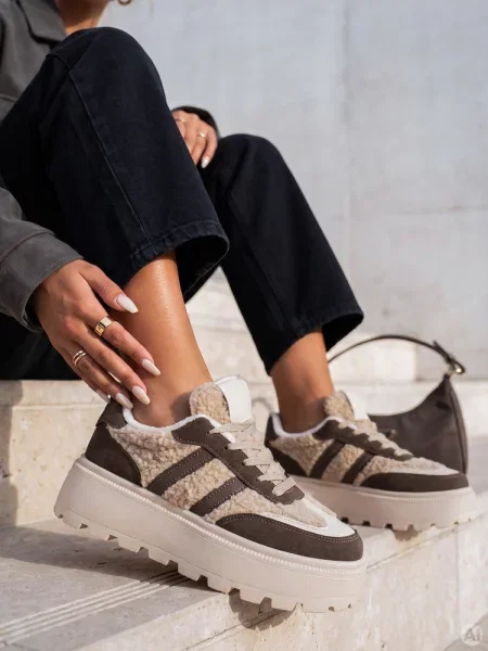 Sneakersy z futerkiem na platformie Dstreet brązowe