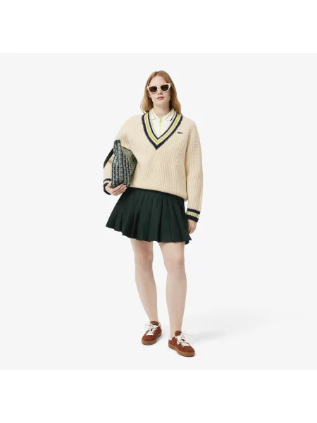 Lacoste Wełniany Sweter Z Dekoltem V Z Blokadą Koloru Relaxed Fit Kremowy Kremowy