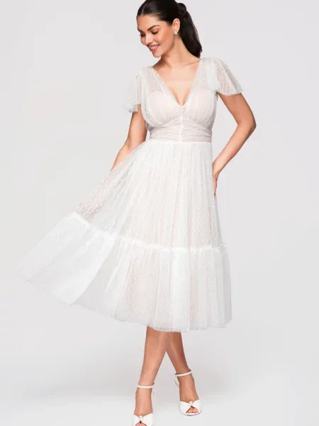 Rochie midi Edoti din dantelă alb