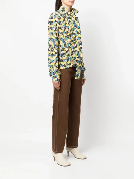 Копринена риза Plan C на цветя с принт черно