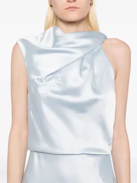 Rochie Amsale din satin drapată de costum albastru