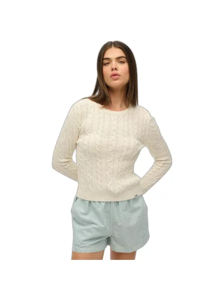Sweter z cienkimi warkoczami klasyczny okrągły dekolt Superdry biały
