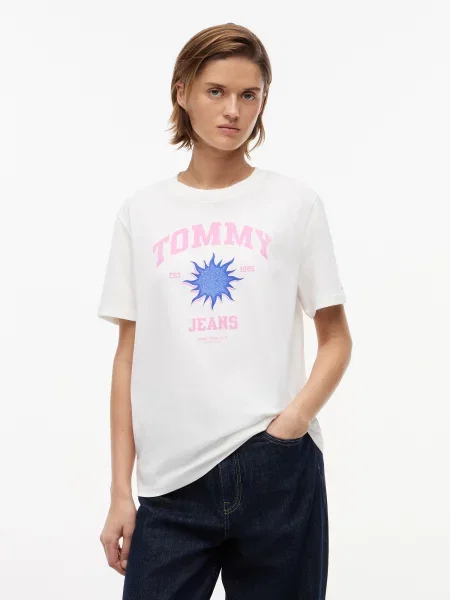 Tommy Jeans Majica NOVELTY kraljevo modra / svetlo roza bela