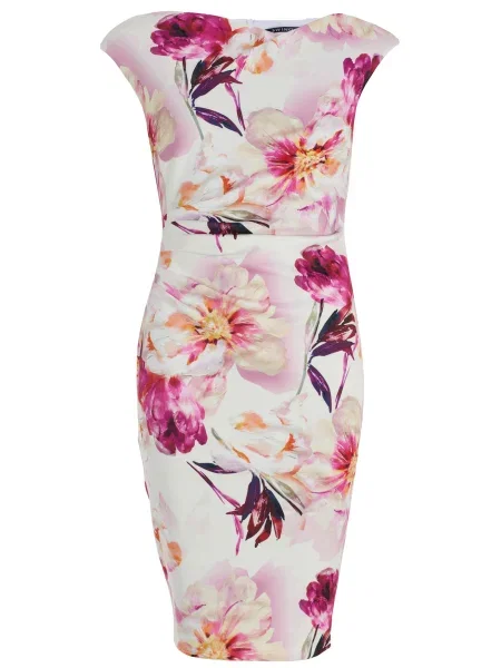 SWING Koktejl obleka ecru / oranžna temno roza