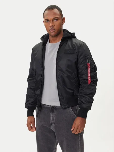 Bunda Alpha Industries s potlačou s kapucňou čierna