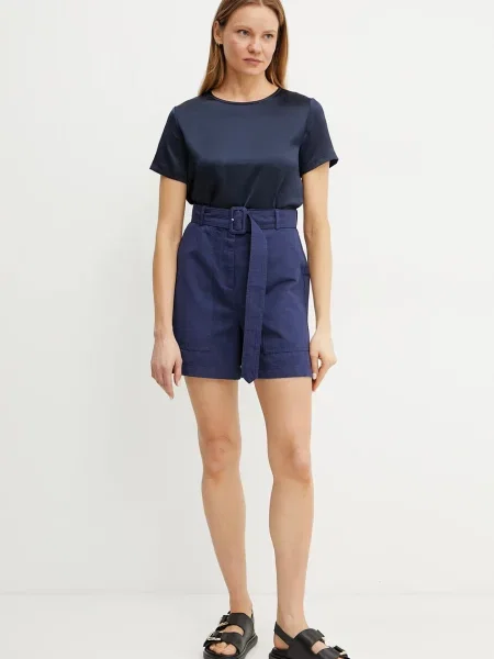 Weekend Max Mara szorty z domieszką lnu gładkie high waist granatowy