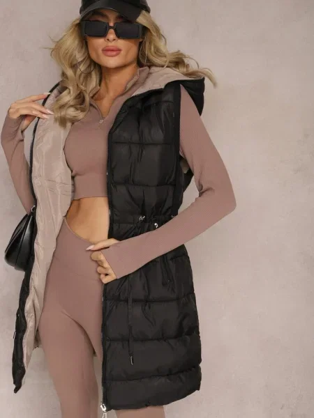 Vestă Matlasată Reversibilă cu Şnur în Talie cu Croială Lungă Selinorda neagră