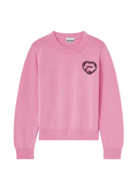 Pulover Ganni cu broderie cu motiv cu inimi roz