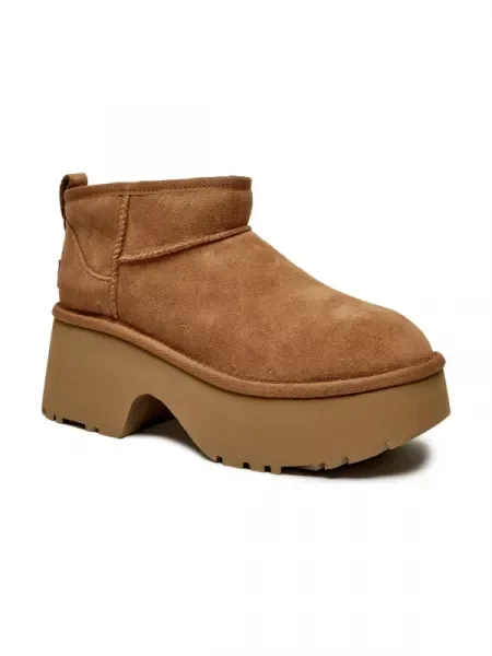 UGG Bőr hótaposó Classic Ultra Mini New Heights gyapjú hozzáadásával barna