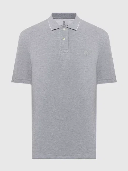 Меланжевое поло Brunello Cucinelli с вышивкой серое