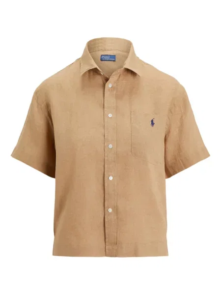 Tricou Polo Ralph Lauren din piele cu broderie în carouri maro