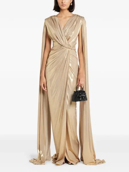 Rochie Rhea Costa drapată de costum auriu