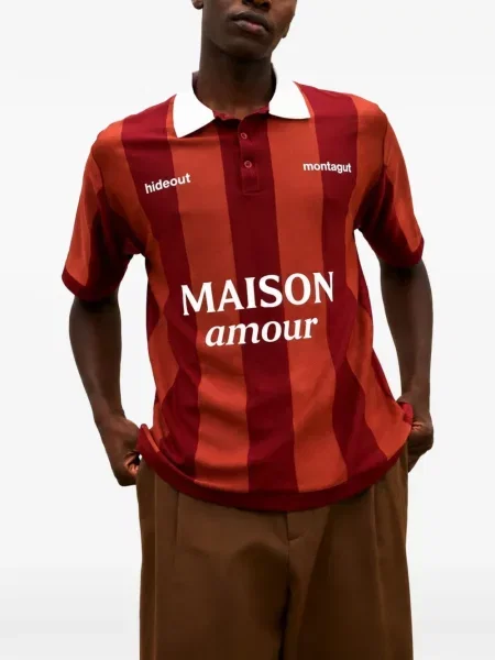 Tricou polo Maison Hideout cu dungi cu imagine roșu