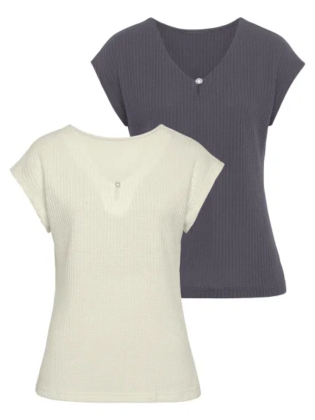 LASCANA Tricou ecru / bleumarin / perlat alb
