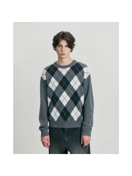Sweter Dunst wełniany z wzorem argyle szary
