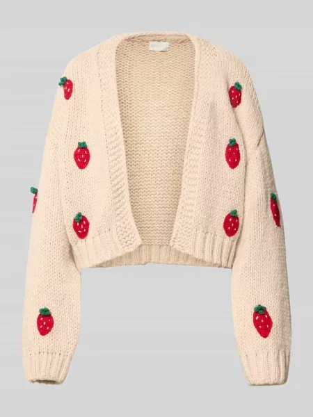 Kardigan rozpinany o kroju regular fit z haftem w truskawki Apricot