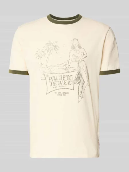 T-shirt z nadrukiem z motywem model ‘NO PLAN TO LEAVE’ Guess beżowa