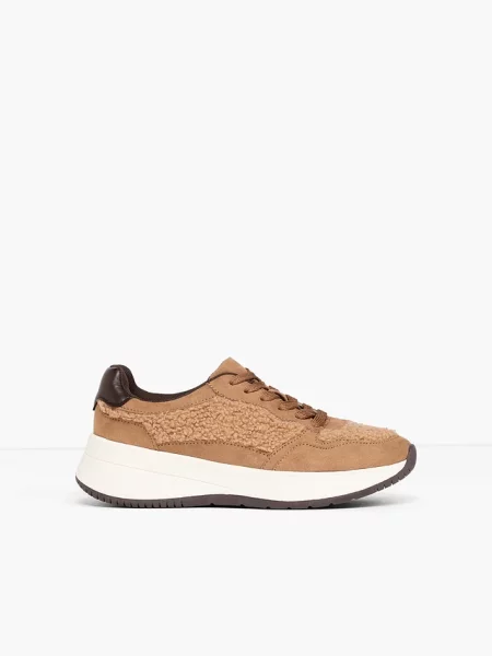 Ciężkie sneakersy ze wstawką z imitacji futra brązowe