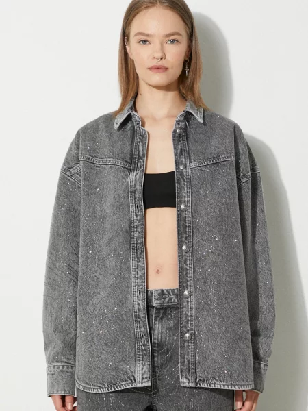 Traper košulja Rotate Rhinestone Denim Shirt za žene relaxed s klasičnim ovratnikom siva
