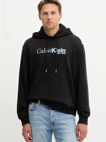 Mikina Calvin Klein s kapucí s potiskem černá