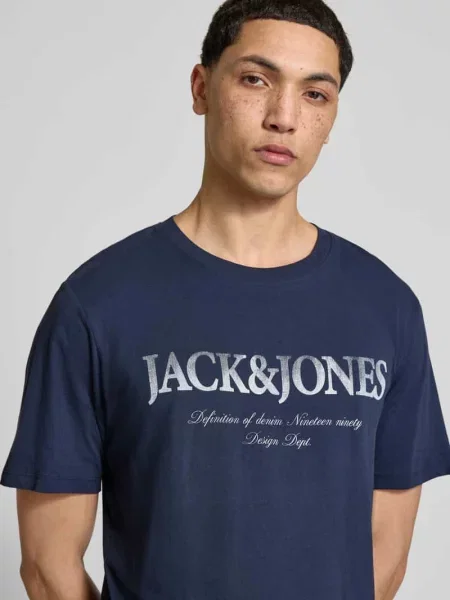 T-shirt z bawełny model DEVIN' Jack & Jones granatowa