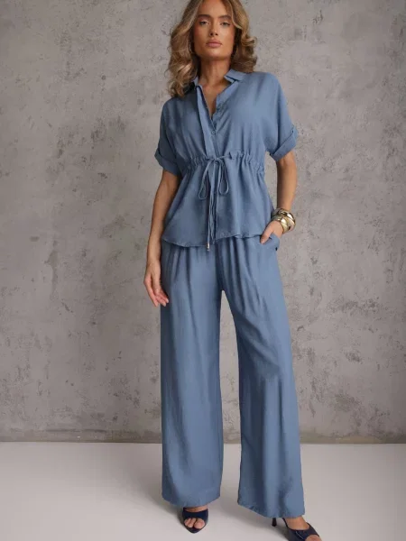 Komplet z Spodnie Wide Leg i Bluzka ze Ściągaczem w Talii Daemnell niebieski