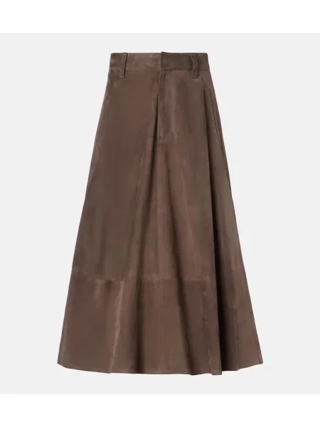 Fustă midi Brunello Cucinelli din piele de căprioară până la genunchi gri