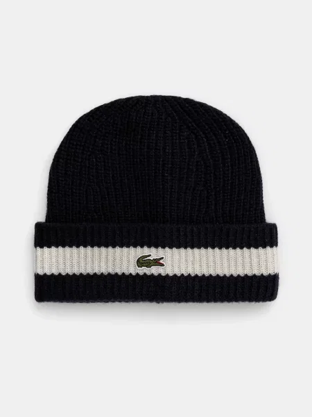 Vlněná čepice Lacoste tmavomodrá z tenké pleteniny