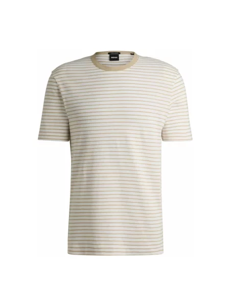 BOSS t-shirt z domieszką lnu biały wzorzysty beżowa