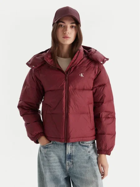 Пухено яке Calvin Klein Jeans бордо зимен модел с уголемена кройка синьо