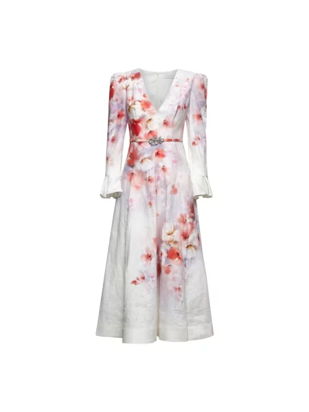 Lniana sukienka midi Zimmermann w kwiatki garniturowa czerwona