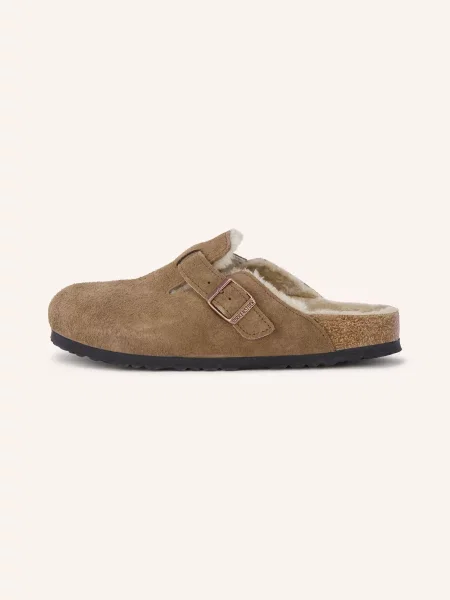 Birkenstock Boston Shearling Suede Leather klapki mules zamszowe brązowe