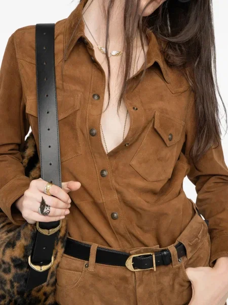 Cămașă Zadig&voltaire din piele de căprioară maro