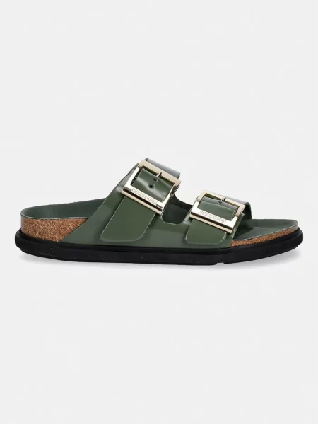 Șlapi Birkenstock din piele cu cataramă verde