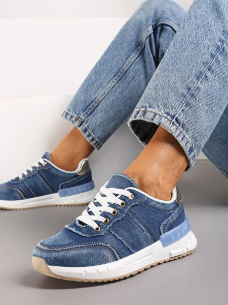 Sneakers Bleumarin din Jeans cu Inserții Aurii și Cusături Decorative Anilema