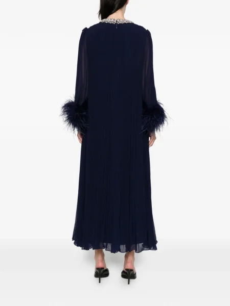 Rochie maxi Self-portrait cu pene plisată de costum albastru