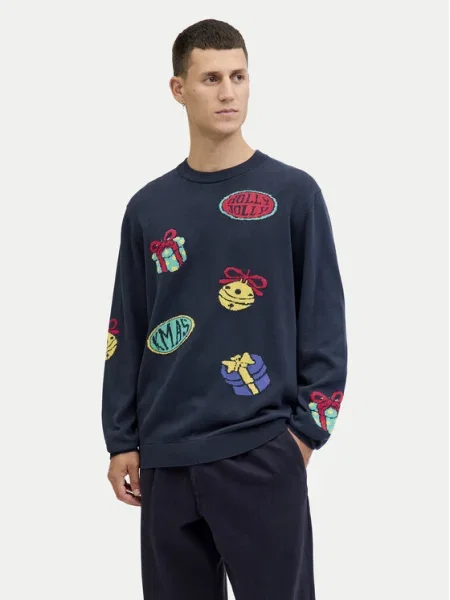 JACK & JONES Sveter JORHOLIDAY tmavomodrá / svetložltá / mätová červená