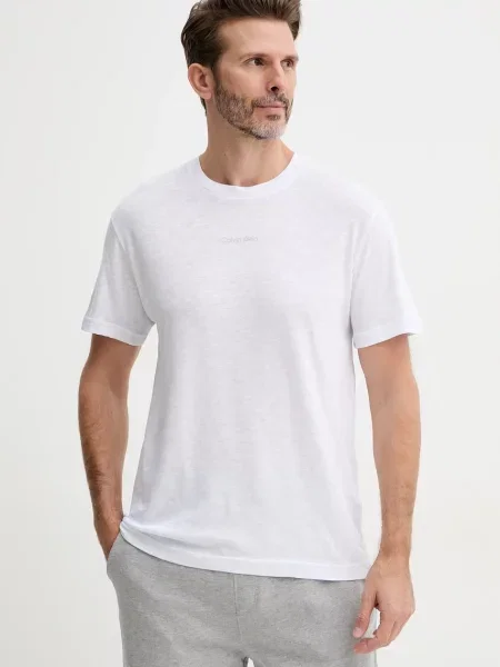 Тениска с лен Calvin Klein с принт бяло