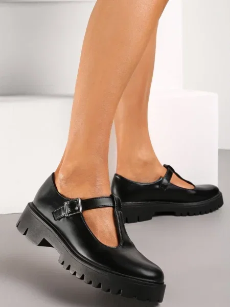 Pantofi din piele ecologică cu plat și cataramă Frisena negri