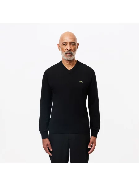 Lacoste Sweter Z Dekoltem W Serek Z Organicznej Bawełny czarny